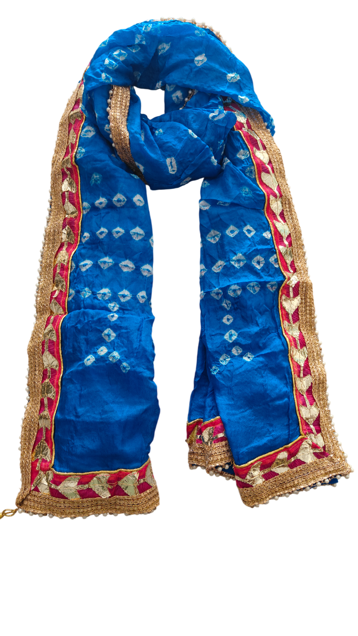 Women's Silk Jaipuri Rajasthani Bandhani Bandhej Tie Dye Emblished Dupatta with Gota Work and Latkan (2.25 MT)