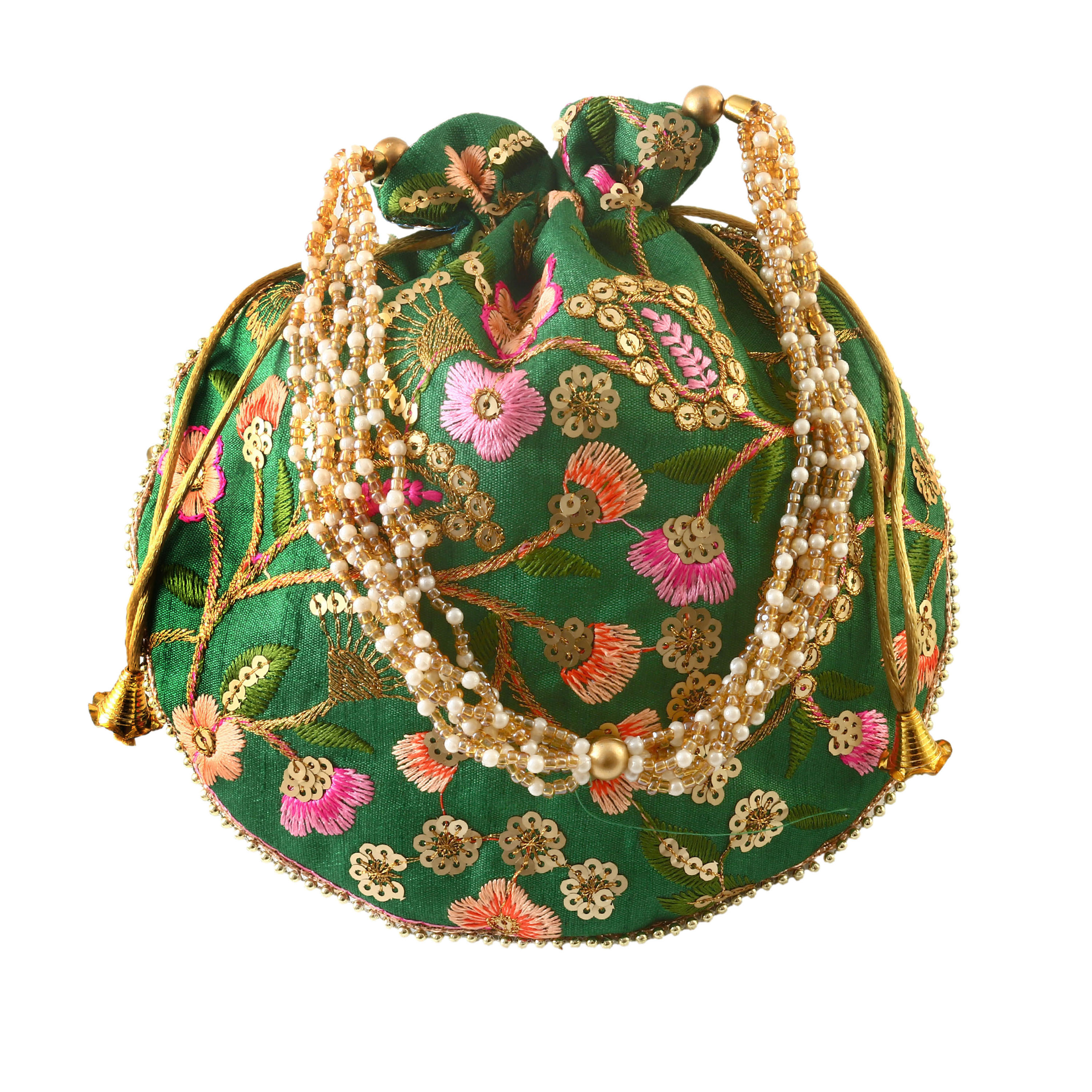 Rajasthani Style Royal Clutch Silk Batwa Bag Wristlets Embroidered Potli Bag With Floral Design, Pearl Handle, Traditional Drawstring Purse