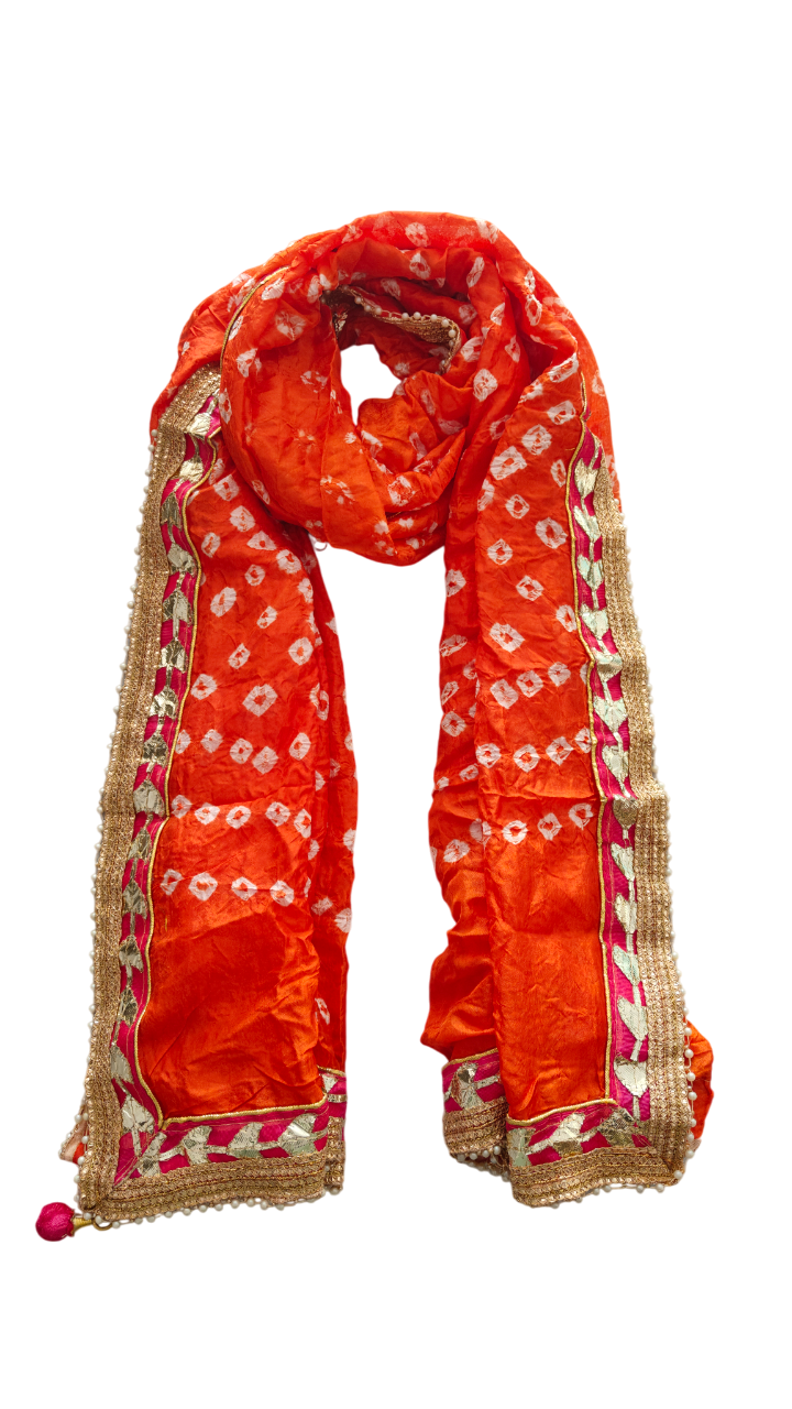 Women's Silk Jaipuri Rajasthani Bandhani Bandhej Tie Dye Emblished Dupatta with Gota Work and Latkan (2.25 MT)