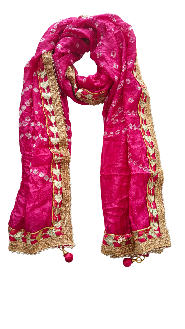 Women's Silk Jaipuri Rajasthani Bandhani Bandhej Tie Dye Emblished Dupatta with Gota Work and Latkan (2.25 MT)