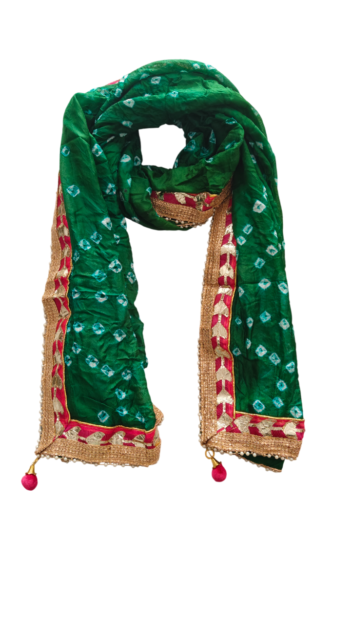 Women's Silk Jaipuri Rajasthani Bandhani Bandhej Tie Dye Emblished Dupatta with Gota Work and Latkan (2.25 MT)