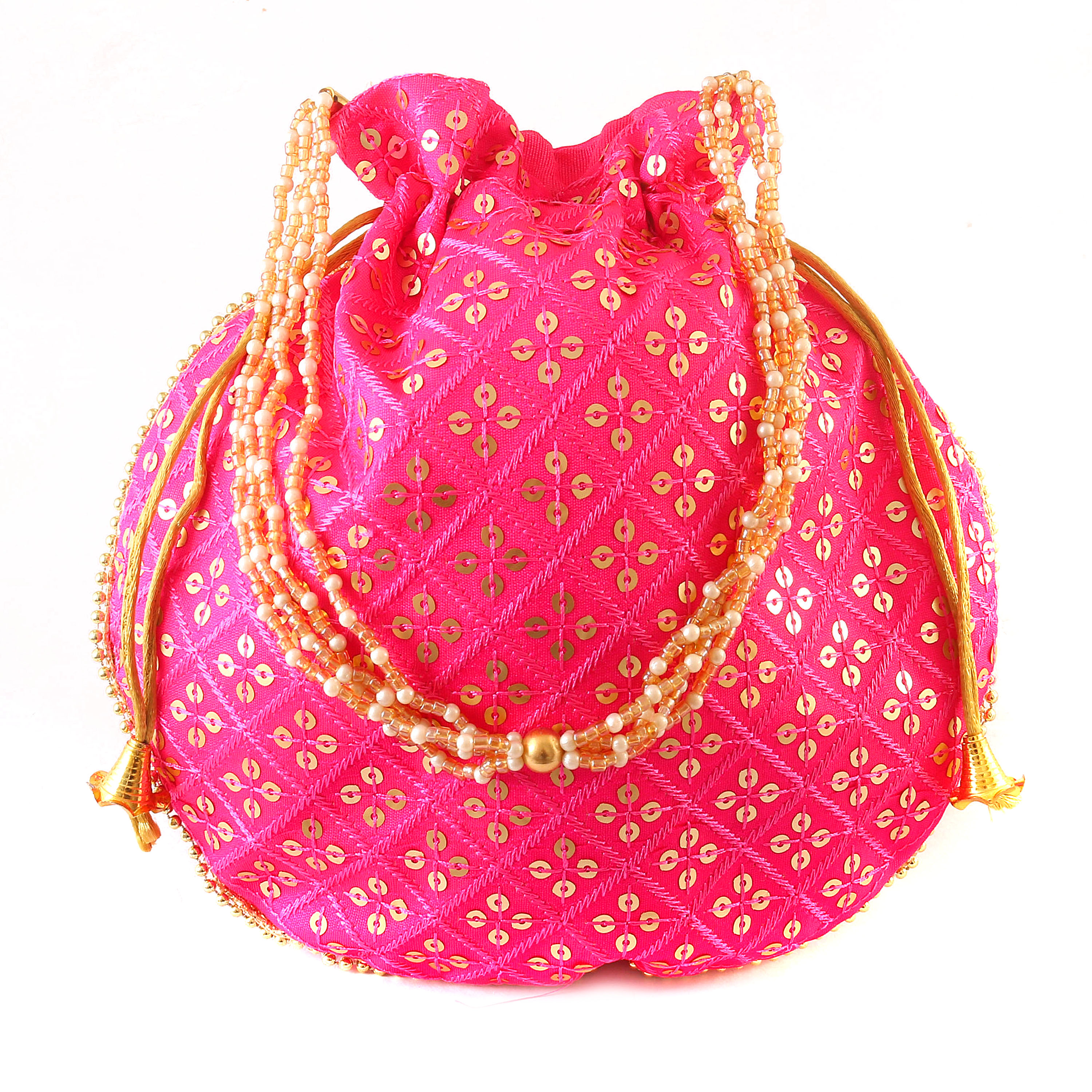 Sequins Potli Drawstring Bags with Pearl Handle, Floral Embroidered Design