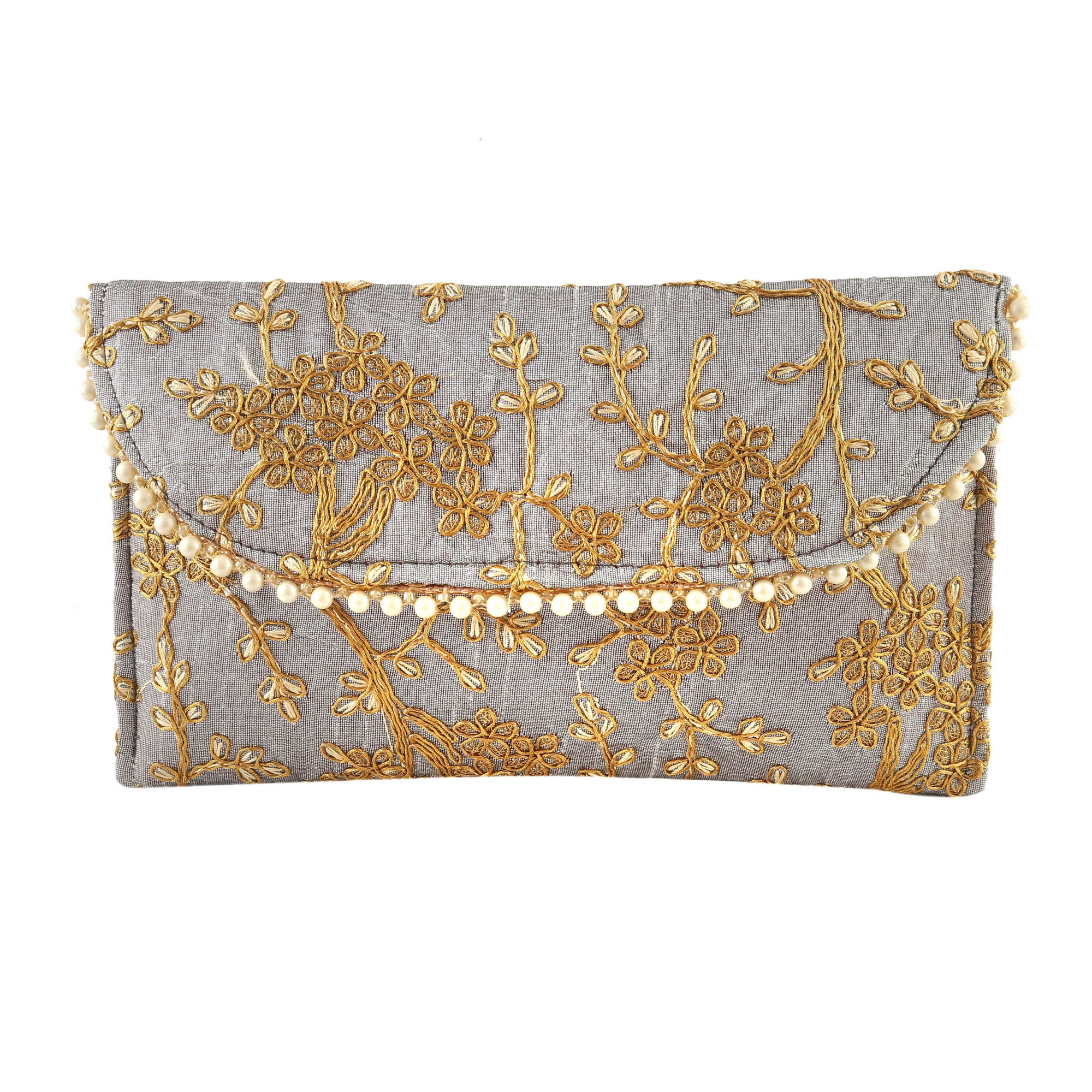 Embroidered Grey Clutch