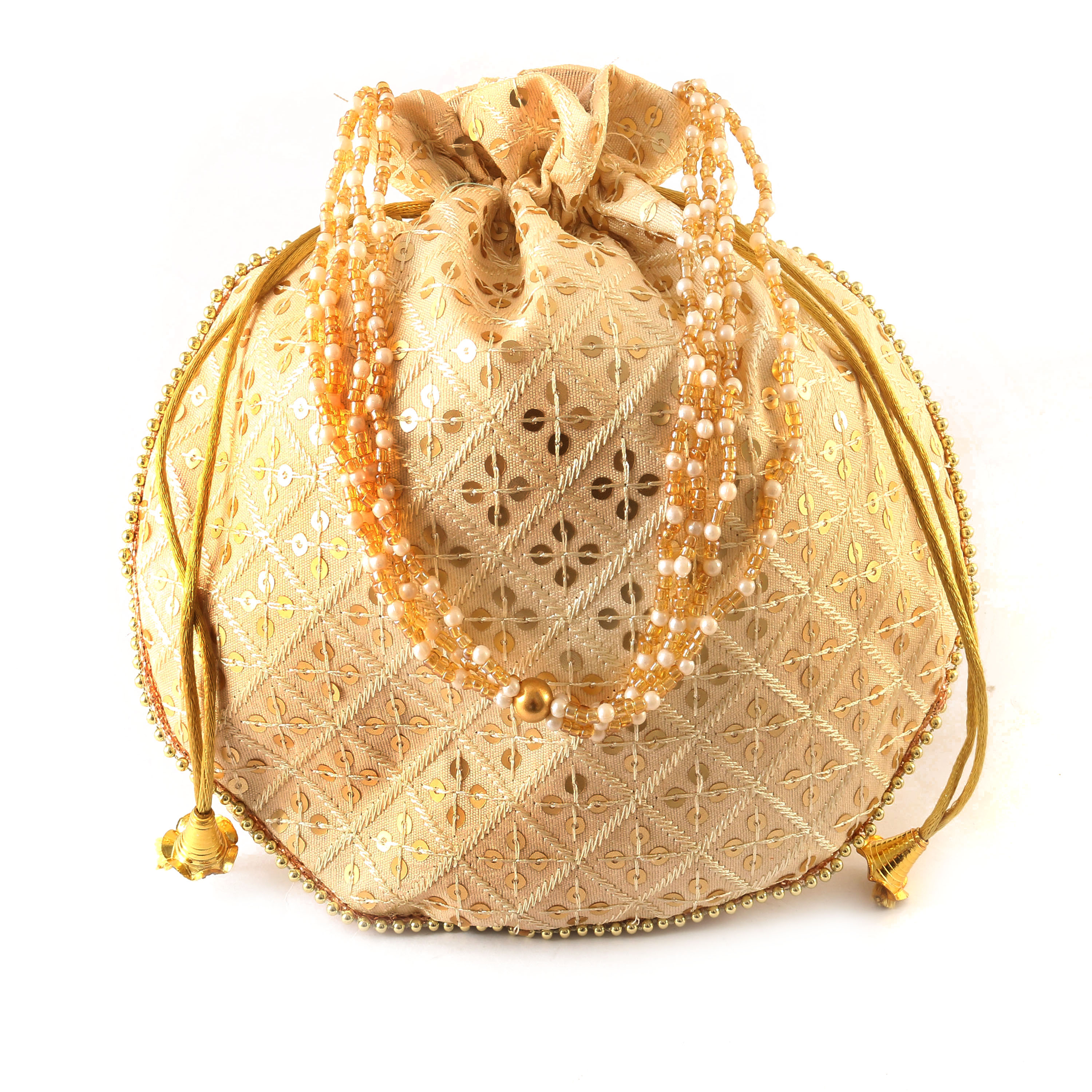  Sequins Potli Drawstring Bags with Pearl Handle, Floral Embroidered Design