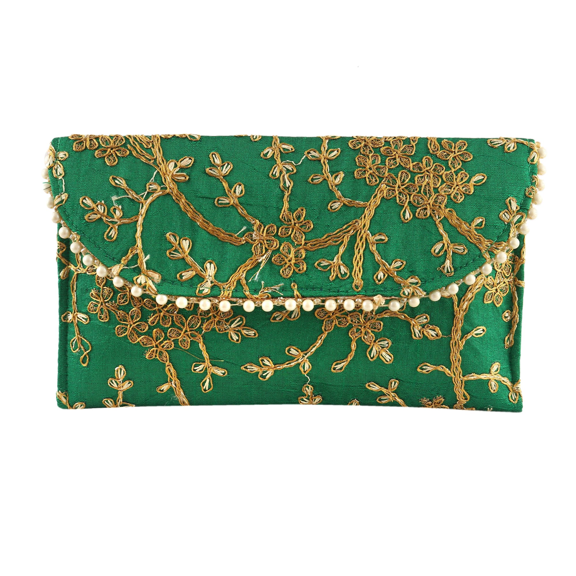 Embroidered Green Clutch
