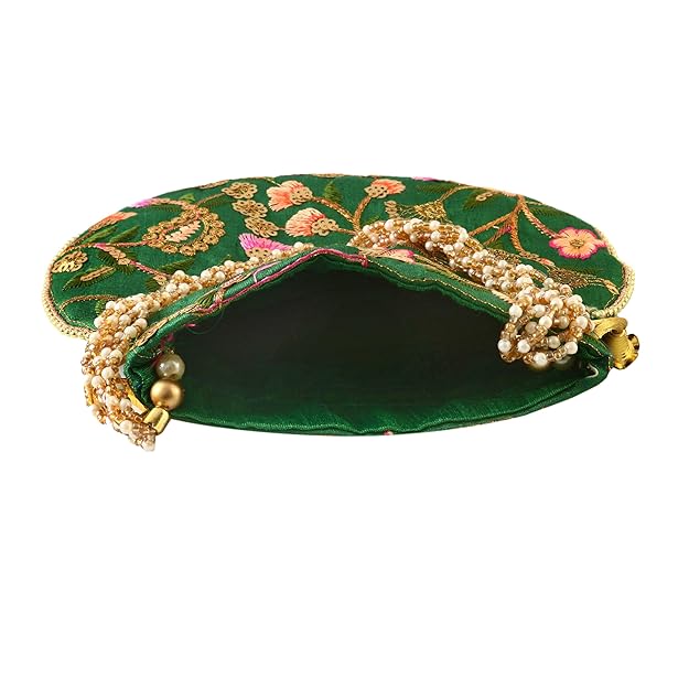 Rajasthani Style Royal Clutch Silk Batwa Bag Wristlets Embroidered Potli Bag With Floral Design, Pearl Handle, Traditional Drawstring Purse