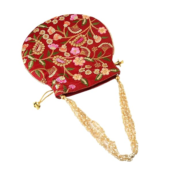 Rajasthani Style Royal Clutch Silk Batwa Bag Wristlets Embroidered Potli Bag With Floral Design, Pearl Handle, Traditional Drawstring Purse