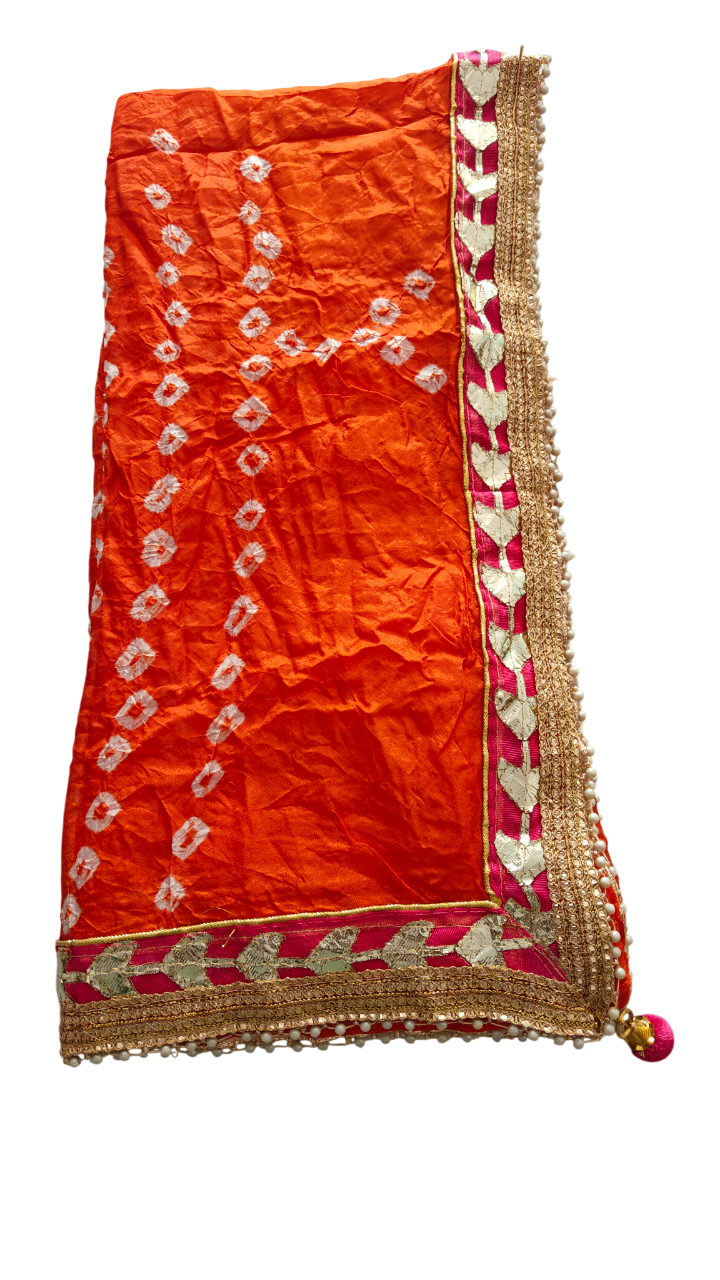 Women's Silk Jaipuri Rajasthani Bandhani Bandhej Tie Dye Emblished Dupatta with Gota Work and Latkan (2.25 MT)