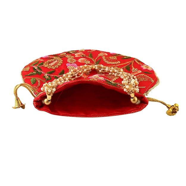 Rajasthani Style Royal Clutch Silk Batwa Bag Wristlets Embroidered Potli Bag With Floral Design, Pearl Handle, Traditional Drawstring Purse