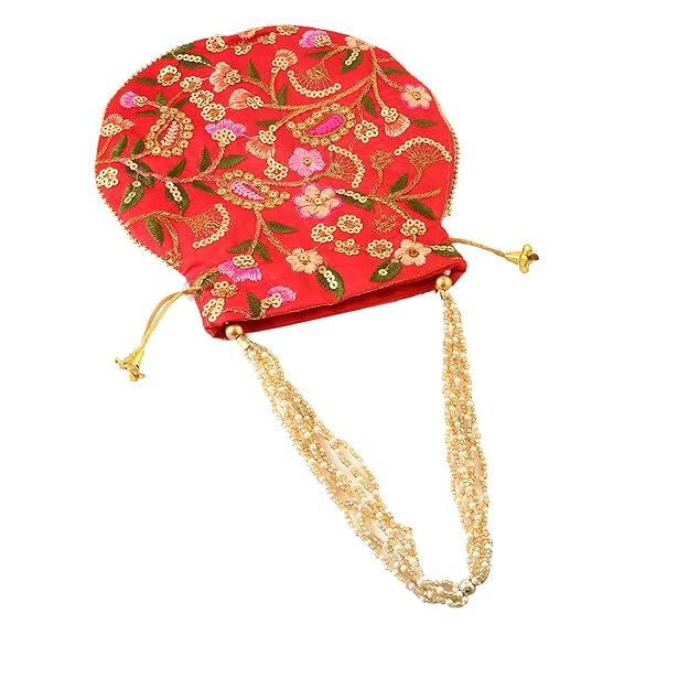 Rajasthani Style Royal Clutch Silk Batwa Bag Wristlets Embroidered Potli Bag With Floral Design, Pearl Handle, Traditional Drawstring Purse