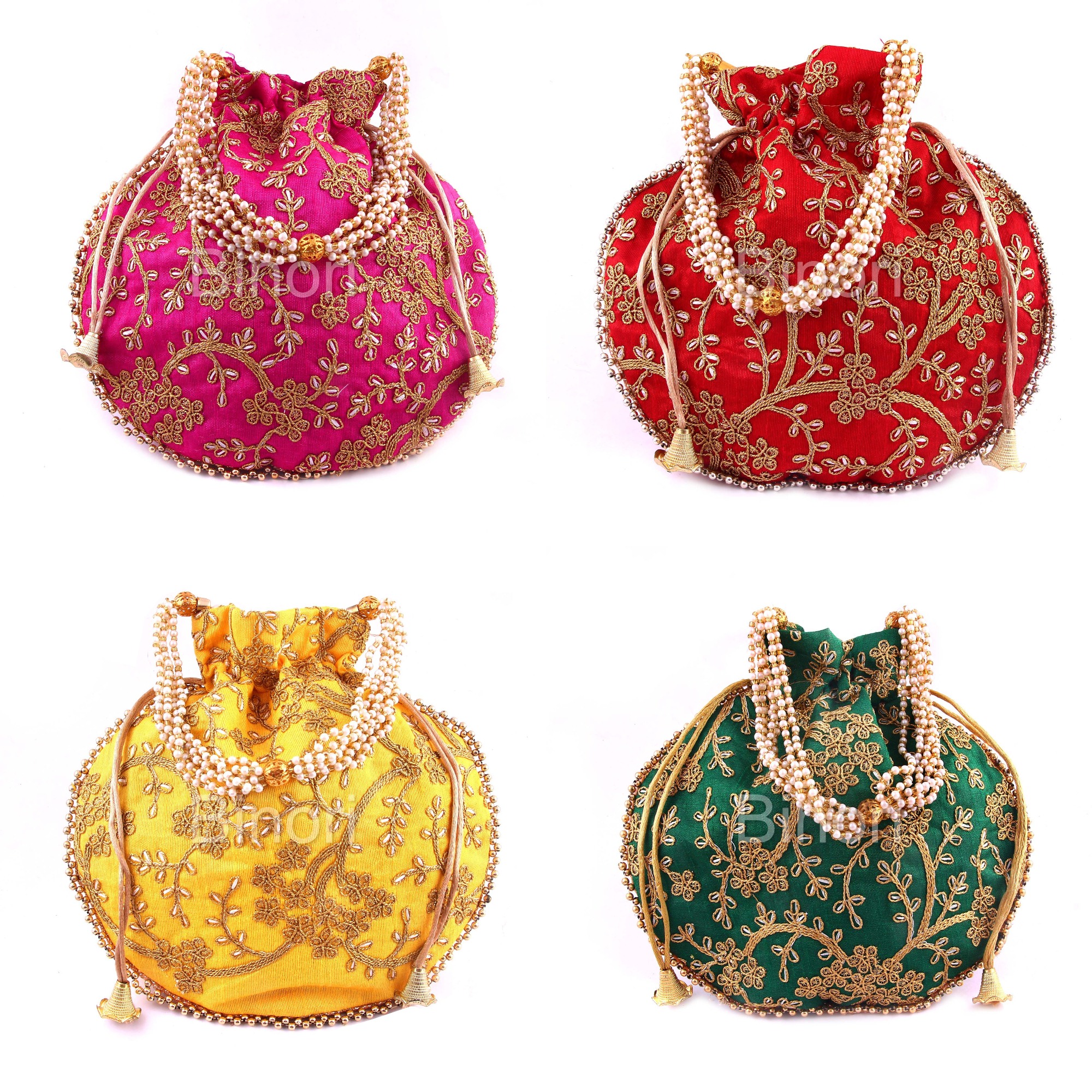 Rajasthani Style Royal Clutch Silk Batwa Bag Combo Khajoor Wristlets Ethnic Potli For Women's Zari Work Bridal Combo (Pack of 4)