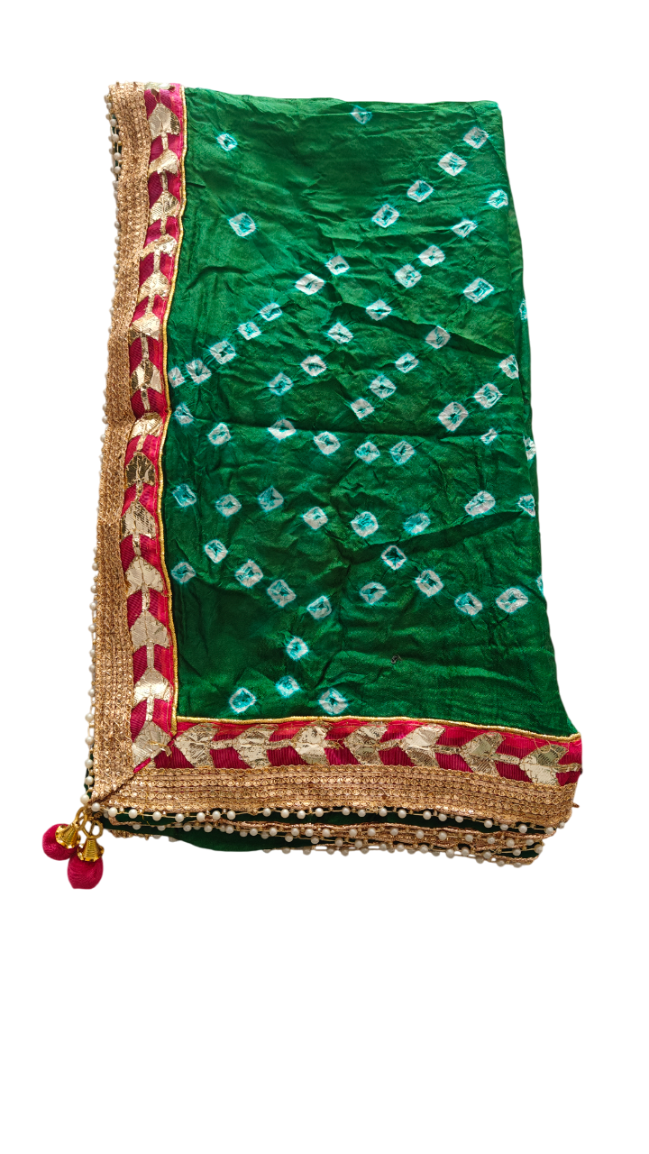Women's Silk Jaipuri Rajasthani Bandhani Bandhej Tie Dye Emblished Dupatta with Gota Work and Latkan (2.25 MT)