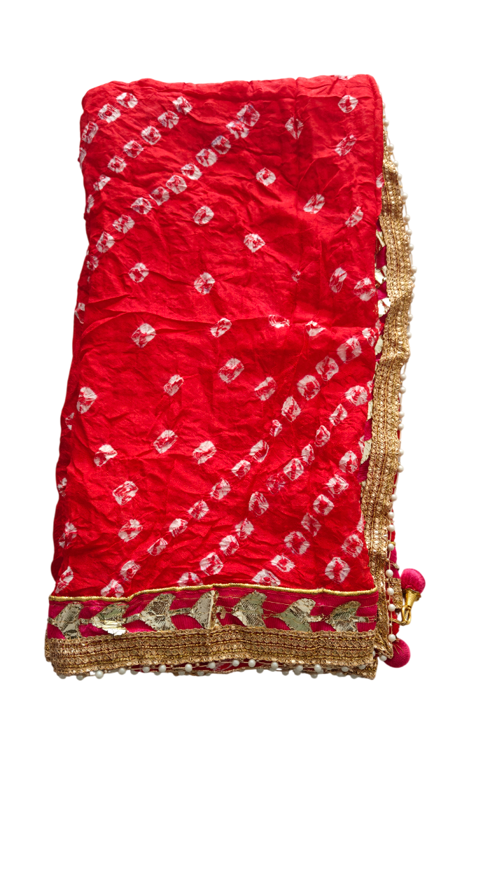 Women's Silk Jaipuri Rajasthani Bandhani Bandhej Tie Dye Emblished Dupatta with Gota Work and Latkan (2.25 MT)