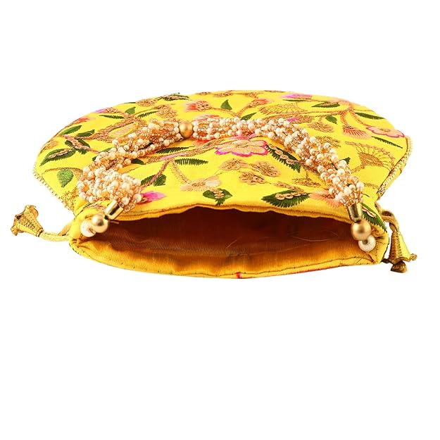 Rajasthani Style Royal Clutch Silk Batwa Bag Wristlets Embroidered Potli Bag With Floral Design, Pearl Handle, Traditional Drawstring Purse