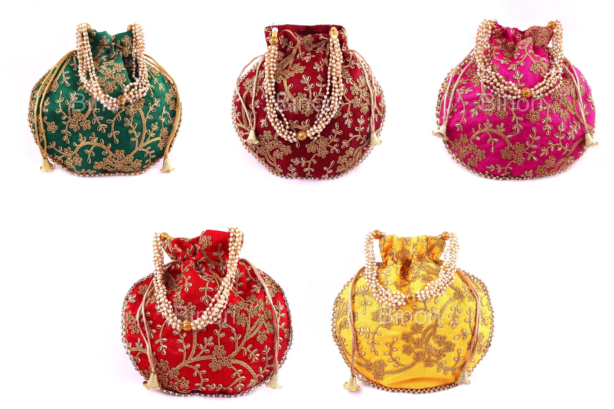 Rajasthani Style Royal Clutch Silk Batwa Bag Combo Khajoor Wristlets Ethnic Potli For Women's Zari Work Bridal Combo (Pack of 5)