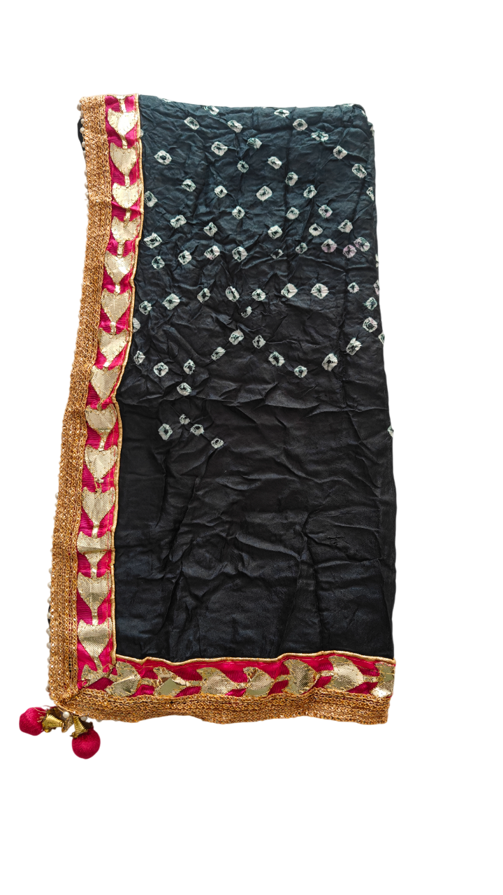 Women's Silk Jaipuri Rajasthani Bandhani Bandhej Tie Dye Emblished Dupatta with Gota Work and Latkan (2.25 MT)