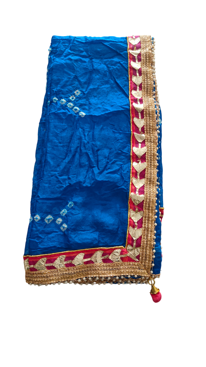 Women's Silk Jaipuri Rajasthani Bandhani Bandhej Tie Dye Emblished Dupatta with Gota Work and Latkan (2.25 MT)