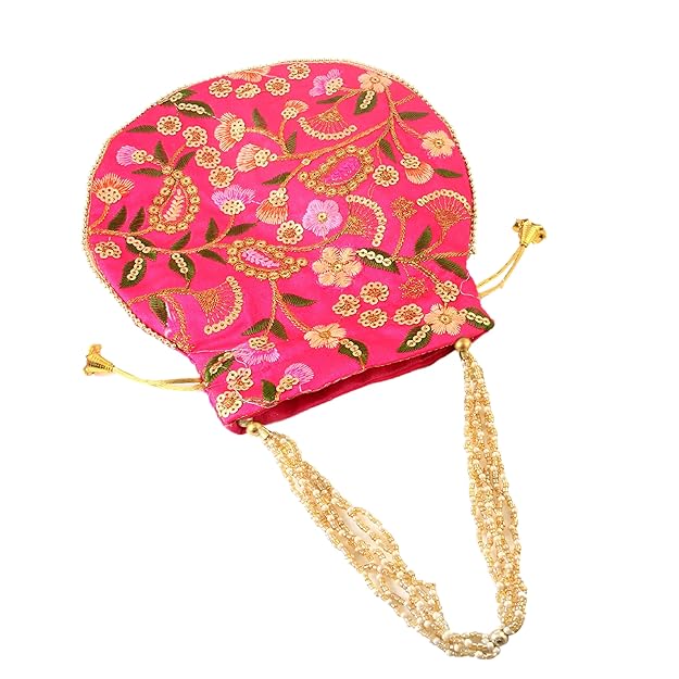 Rajasthani Style Royal Clutch Silk Batwa Bag Wristlets Embroidered Potli Bag With Floral Design, Pearl Handle, Traditional Drawstring Purse