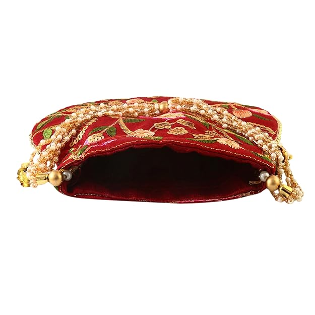 Rajasthani Style Royal Clutch Silk Batwa Bag Wristlets Embroidered Potli Bag With Floral Design, Pearl Handle, Traditional Drawstring Purse