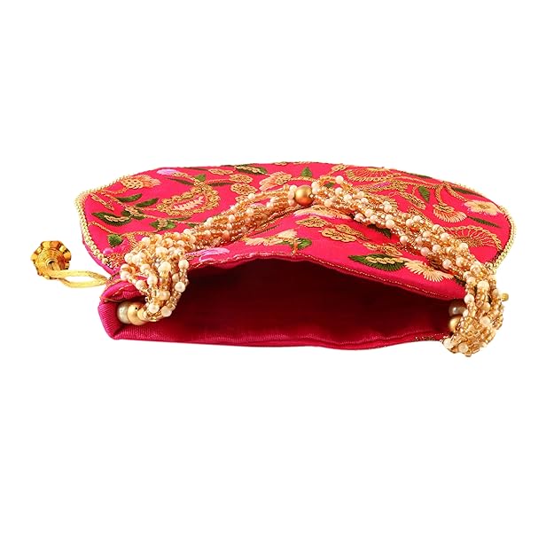 Rajasthani Style Royal Clutch Silk Batwa Bag Wristlets Embroidered Potli Bag With Floral Design, Pearl Handle, Traditional Drawstring Purse