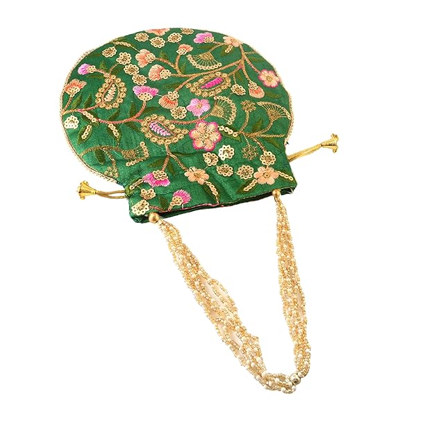 Rajasthani Style Royal Clutch Silk Batwa Bag Wristlets Embroidered Potli Bag With Floral Design, Pearl Handle, Traditional Drawstring Purse