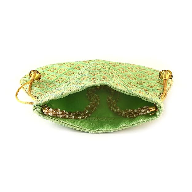  Sequins Potli Drawstring Bags with Pearl Handle, Floral Embroidered Design