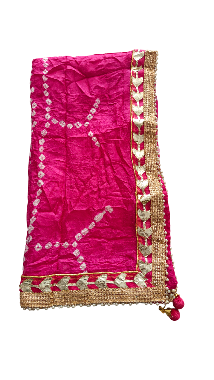 Women's Silk Jaipuri Rajasthani Bandhani Bandhej Tie Dye Emblished Dupatta with Gota Work and Latkan (2.25 MT)