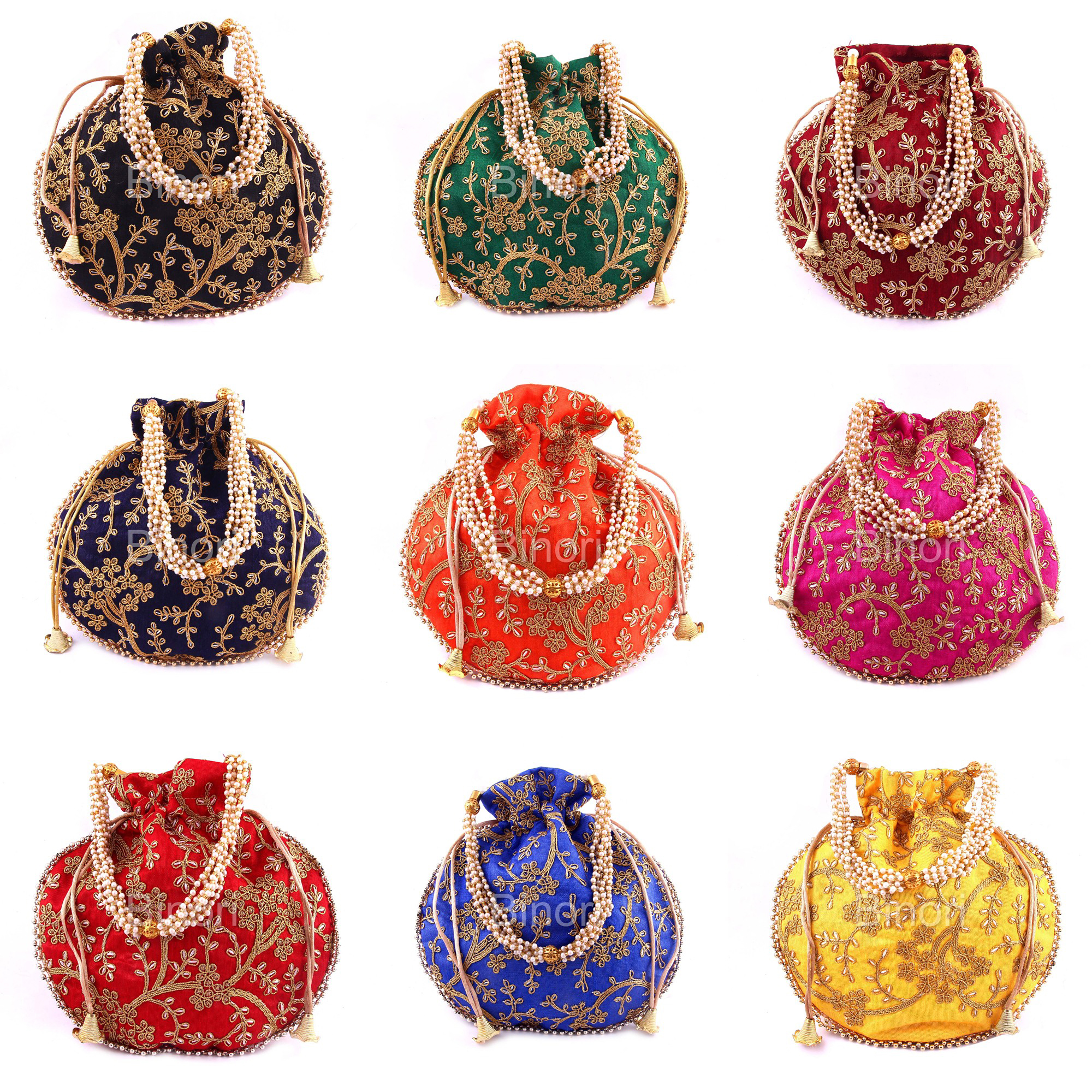 Rajasthani Style Royal Clutch Silk Batwa Bag Combo Khajoor Wristlets Ethnic Potli For Women's Zari Work Bridal Combo(Pack of 9)