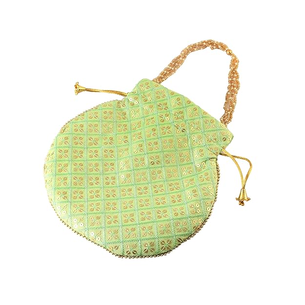  Sequins Potli Drawstring Bags with Pearl Handle, Floral Embroidered Design