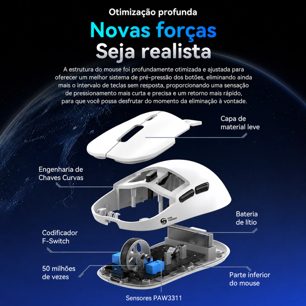 Fire Phoenix Bk-r2x Mouse Gamer Tri Mode Sem Fio 2.4ghz Bluetooth e Cabo 24000 Dpi 500 mAh Paw3311