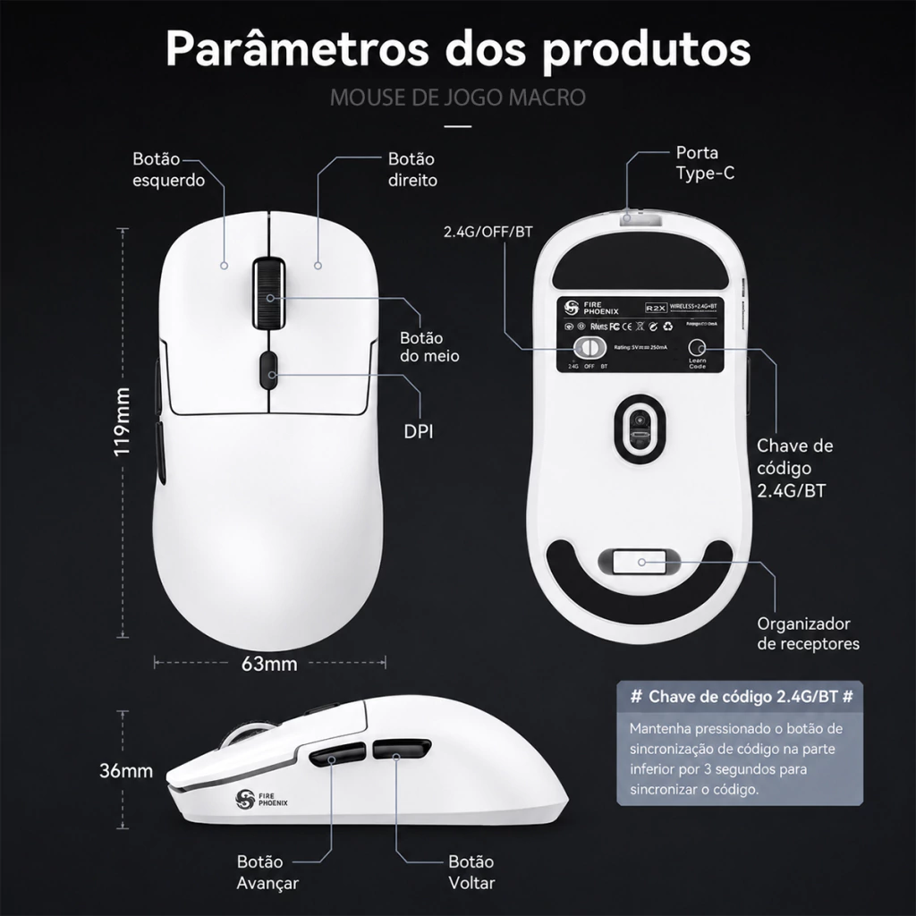 Fire Phoenix Bk-r2x Mouse Gamer Tri Mode Sem Fio 2.4ghz Bluetooth e Cabo 24000 Dpi 500 mAh Paw3311