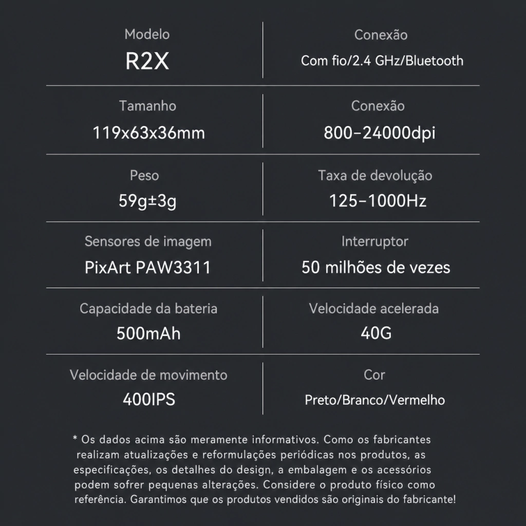 Fire Phoenix Bk-r2x Mouse Gamer Tri Mode Sem Fio 2.4ghz Bluetooth e Cabo 24000 Dpi 500 mAh Paw3311