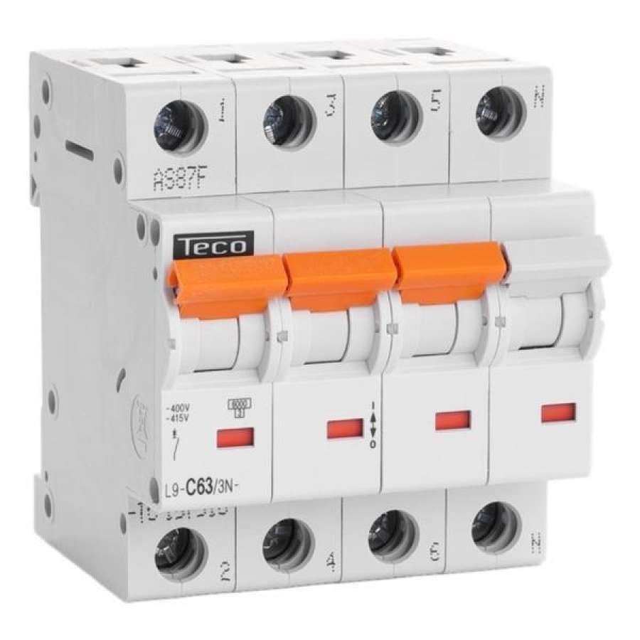 Disjoncteur 4.5kA - courbe C - tétrapolaire 4P/63A L9C633N4 Teco