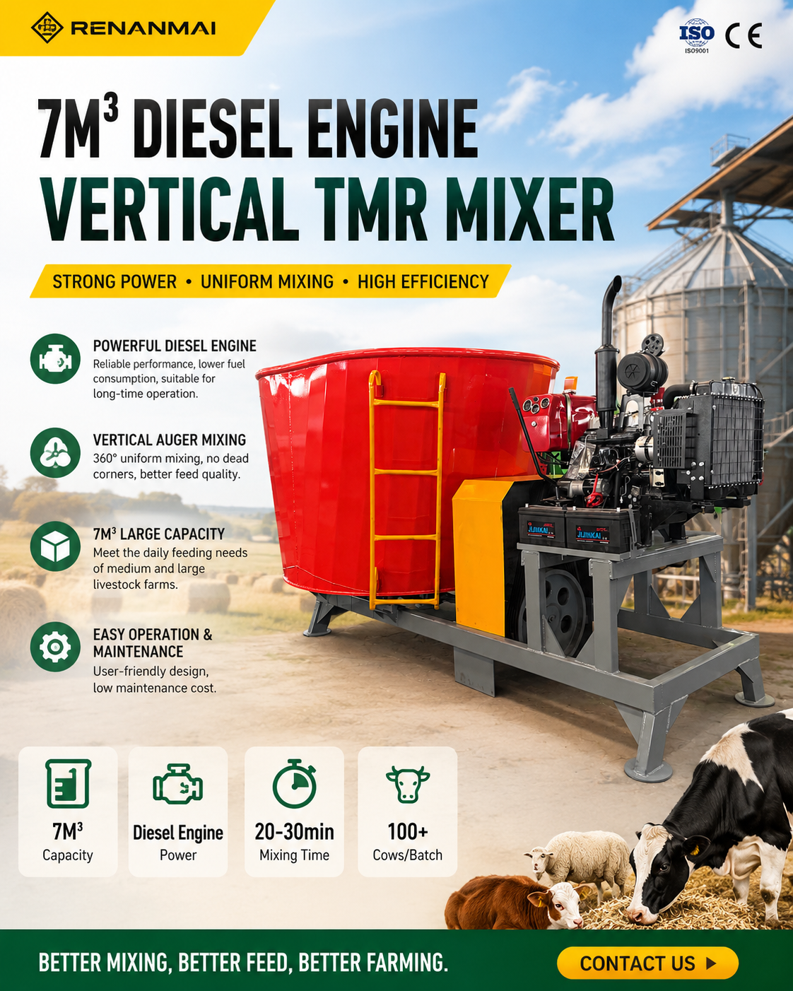 7m³ Diesel Engine Vertical TMR Mixer