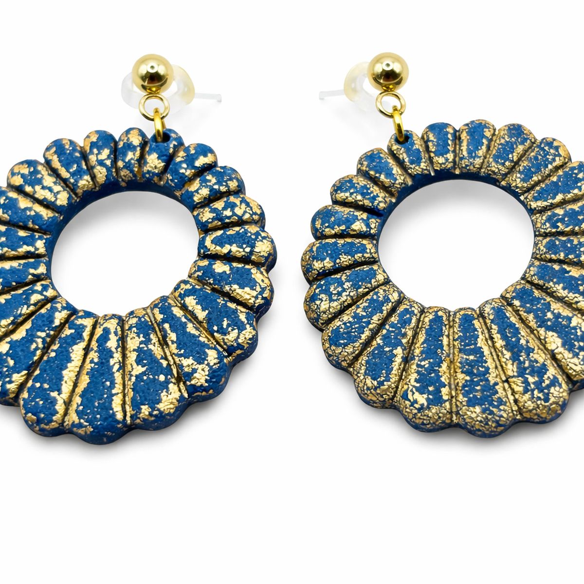 Boucles d’oreilles rondes bleu et doré - Fait main en France