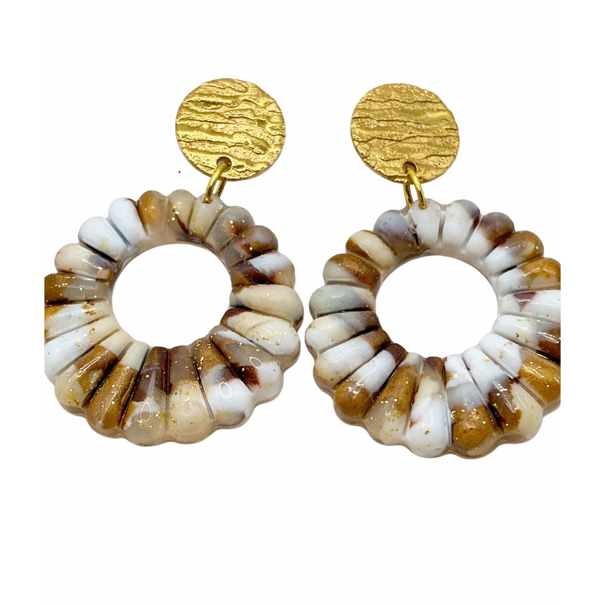 Boucles d’oreilles Rosace Marbrée - Tons Caramel & Éclats Dorés - Fait main en France