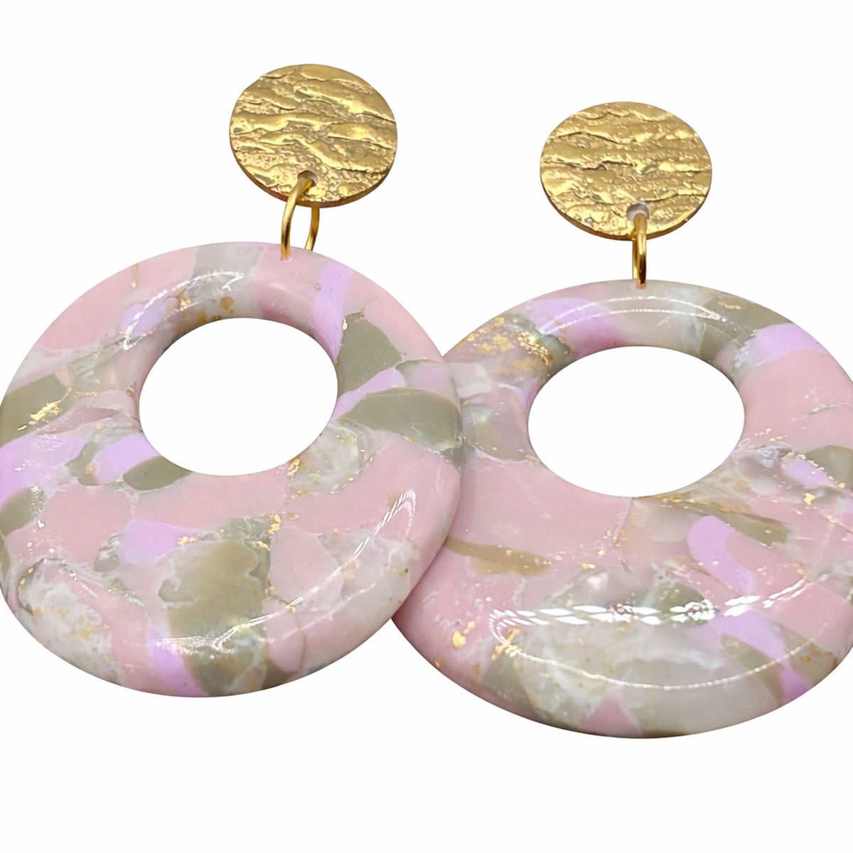 Boucles d’oreilles Anneau Marbré Rose & Texture Dorée - Fait main en France