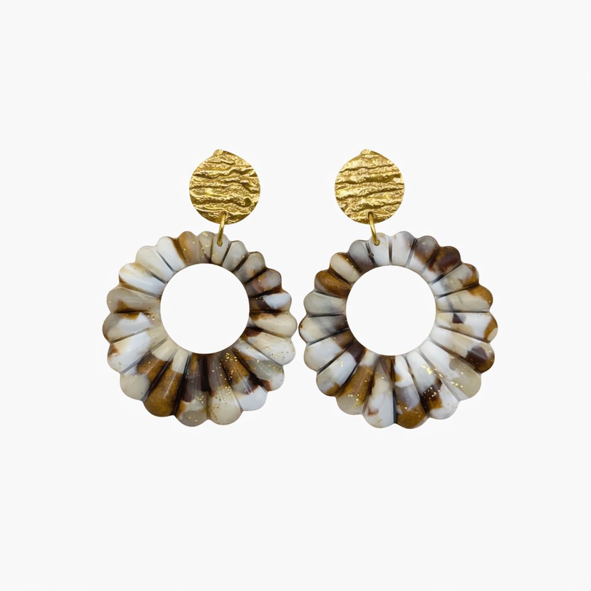 Boucles d’oreilles Rosace Marbrée - Tons Caramel & Éclats Dorés - Fait main en France