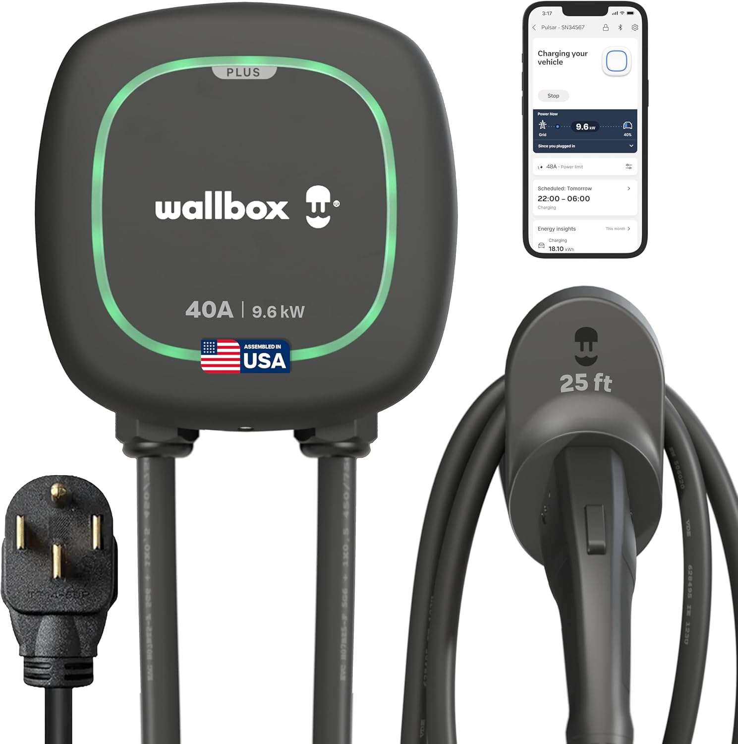 Wallbox Pulsar Plus - Cargador inteligente para vehículos eléctricos de nivel 2, 40 A, ultracompacto, compatible con WiFi, Bluetooth, Alexa/Google Home, con certificación UL, cable de 25 pies, EVSE