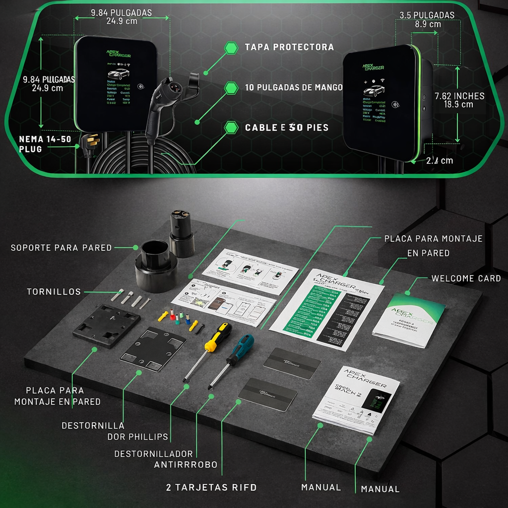 MACH 2: Cargador EV Nivel 2 Rápido 48 amperios Montado en Pared para Garaje Profesional. Estación de Carga para Vehículos Eléctricos con 4 Salidas Nema 14-50. Conector para Auto J1772. Accesorios