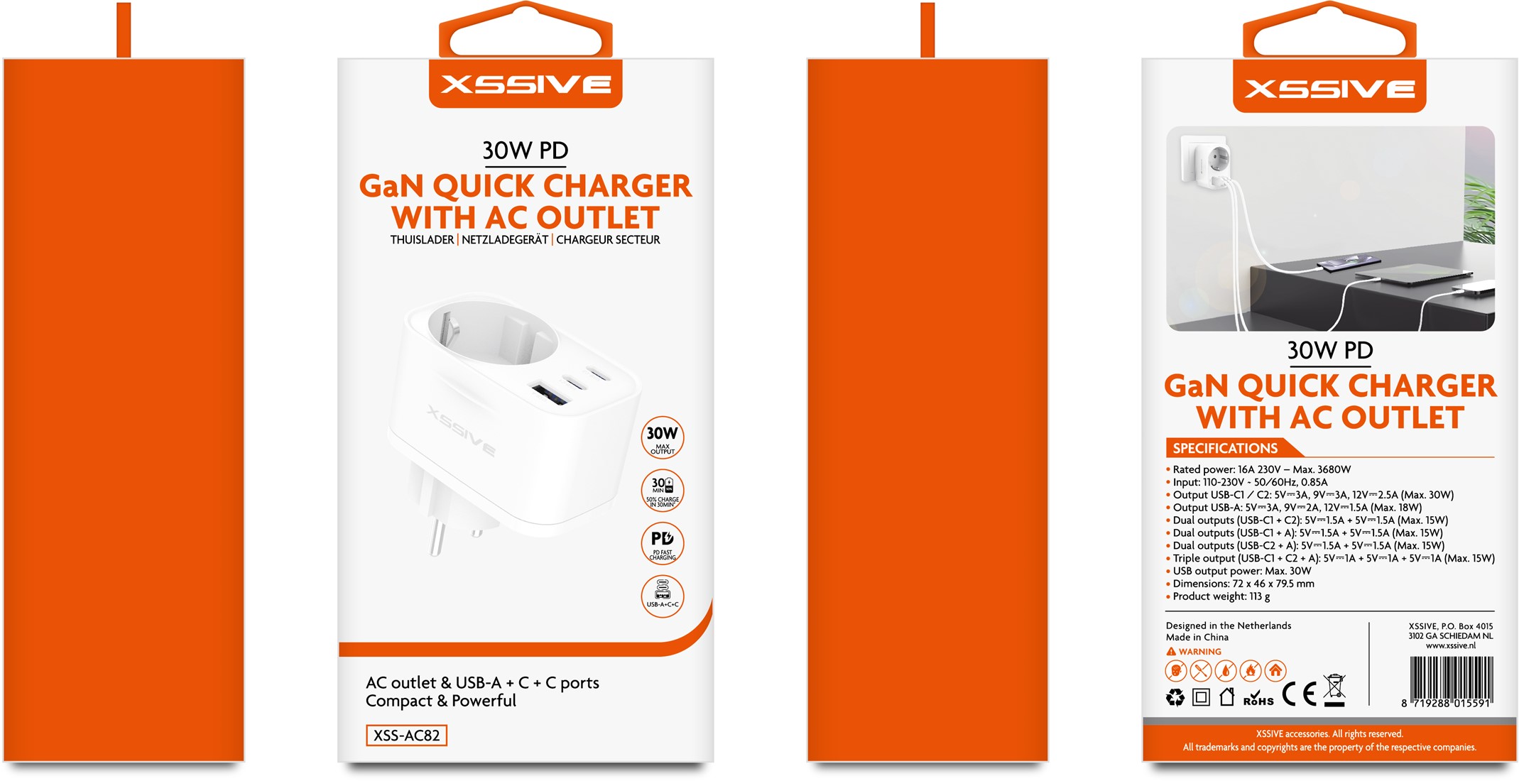Xssive 30W GaN Snellader met Stopcontact – USB-C + USB-A + AC Outlet – Power Delivery Fast Charger – Wit (XSS-AC82)