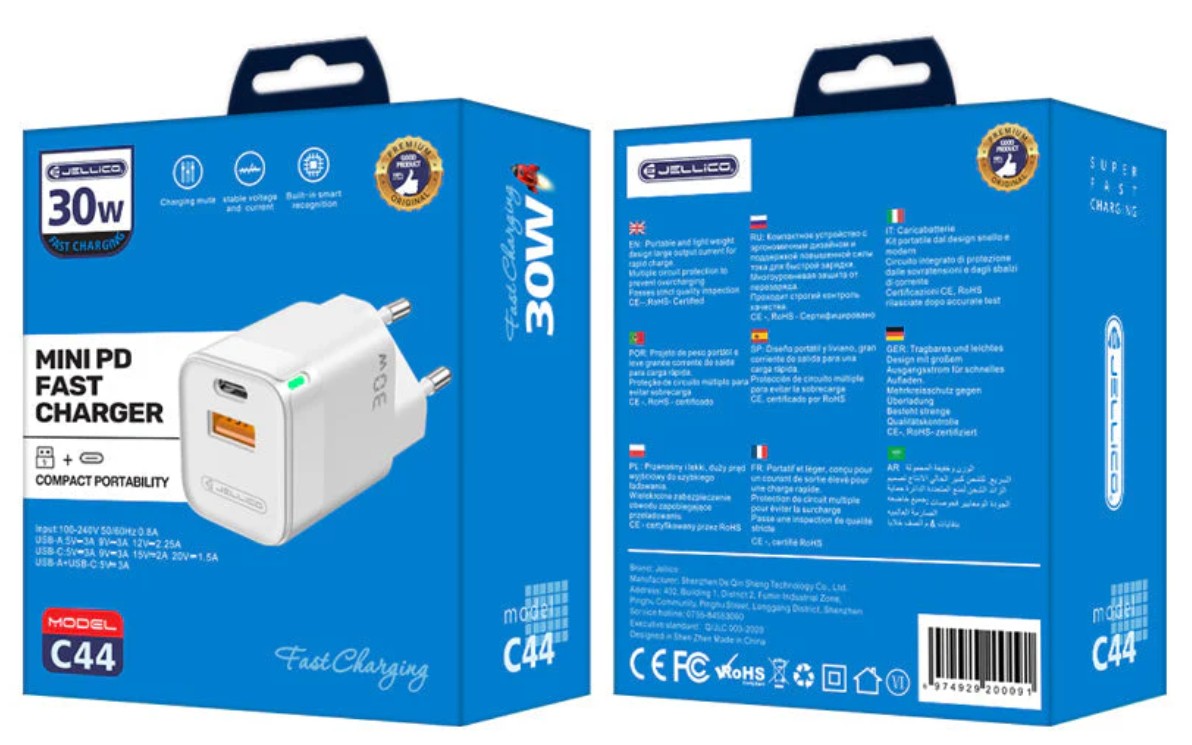 Jellico 30W Snellader USB-C & USB-A – PD Fast Charger – Compacte Oplader – Wit (Model C44)