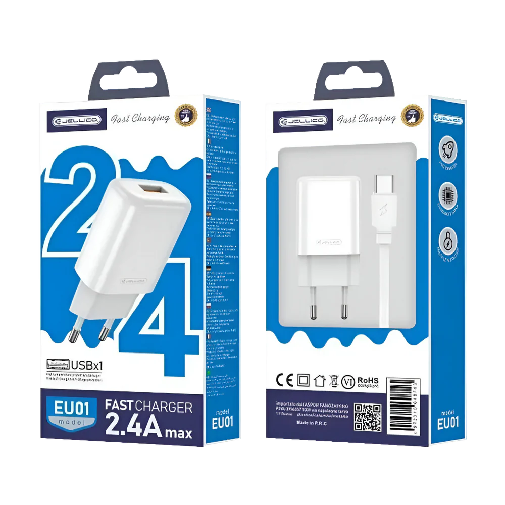 Jellico EU01 Oplader + USB-C Kabel – 2.4A USB-A Snellader Set – Complete Charger Kit voor Samsung & USB-C – Wit