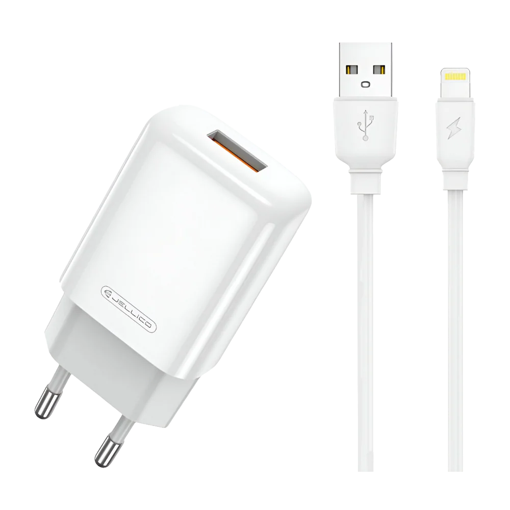 Jellico EU01 Oplader + Lightning Kabel – 2.4A USB-A Snellader Set voor iPhone & iPad – Complete Charger Kit – Wit
