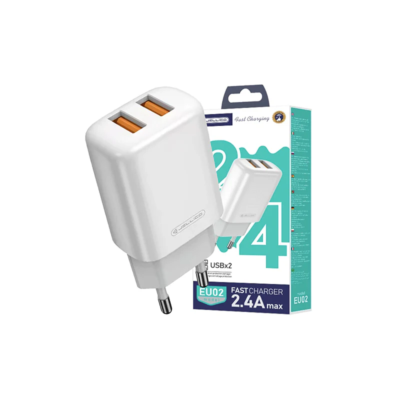 Jellico EU02 Dubbele USB Oplader 2.4A – Dual USB-A Charger 12W – Snelle Oplader voor iPhone & Samsung – Wit