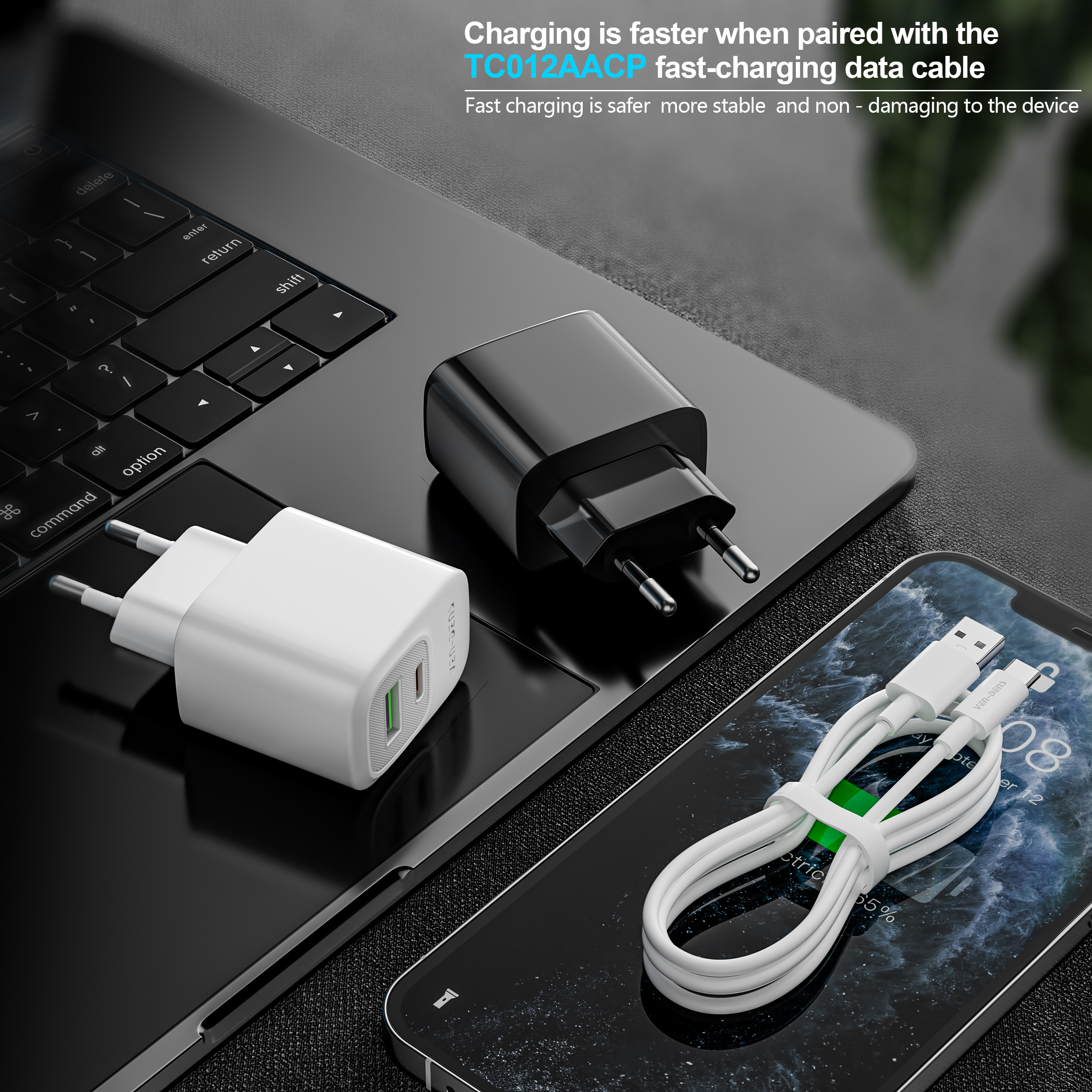 20W Snellader USB-C + USB-A – Power Delivery Fast Charger – Dual Port Oplader – iPhone & Samsung – zwart