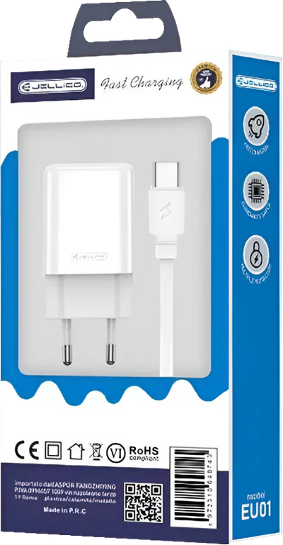 Jellico EU01 Oplader + USB-C Kabel – 2.4A USB-A Snellader Set – Complete Charger Kit voor Samsung & USB-C – Wit
