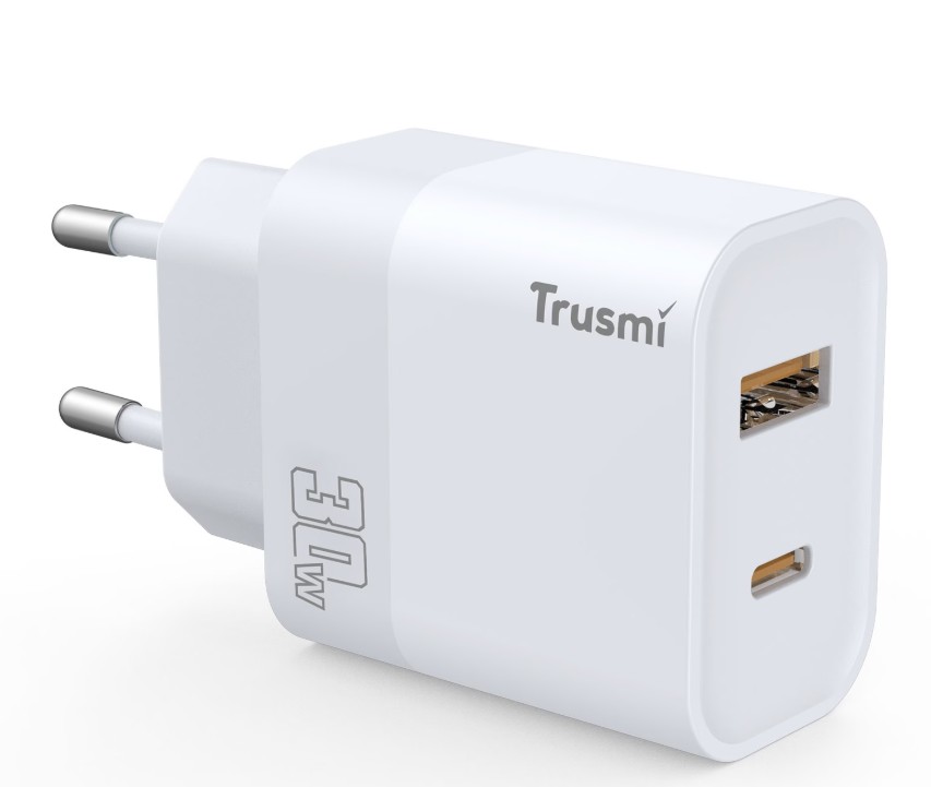 TRUSMI 30W GaN Snellader USB-C + USB-A – PD & QC Fast Charger – Dual Port Oplader – iPhone & Samsung – Wit (CH02-038)