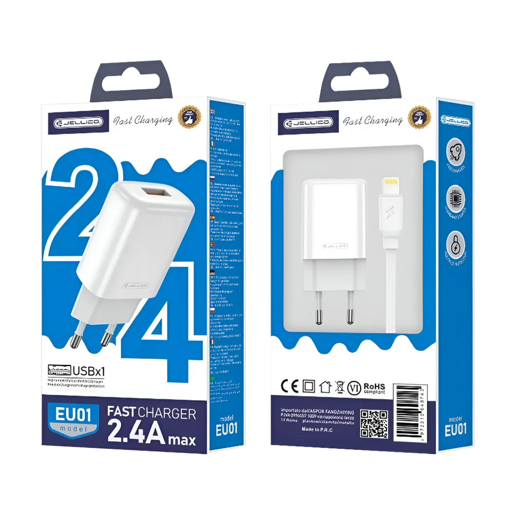 Jellico EU01 Oplader + Lightning Kabel – 2.4A USB-A Snellader Set voor iPhone & iPad – Complete Charger Kit – Wit