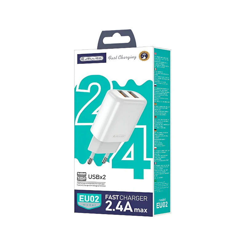 Jellico EU02 Dubbele USB Oplader 2.4A – Dual USB-A Charger 12W – Snelle Oplader voor iPhone & Samsung – Wit